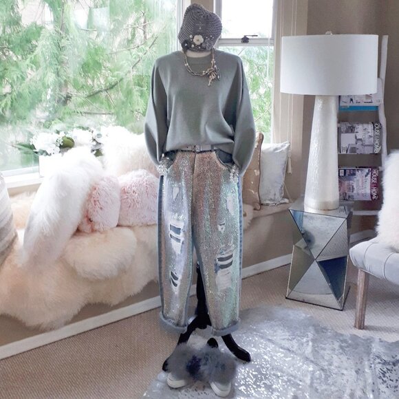 EUC H&M blue grey metallised fibre accent sweater top - Picture 1 of 11